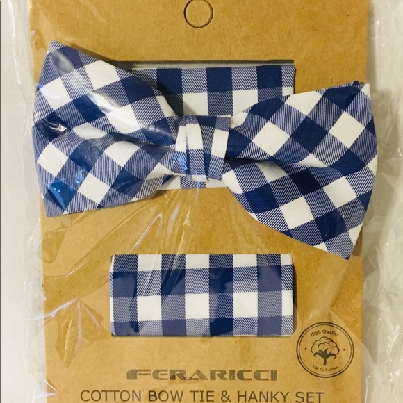 Men’s Boys Blue Check Bow Tie Handkerchief Set NEW - Picture 2 of 4